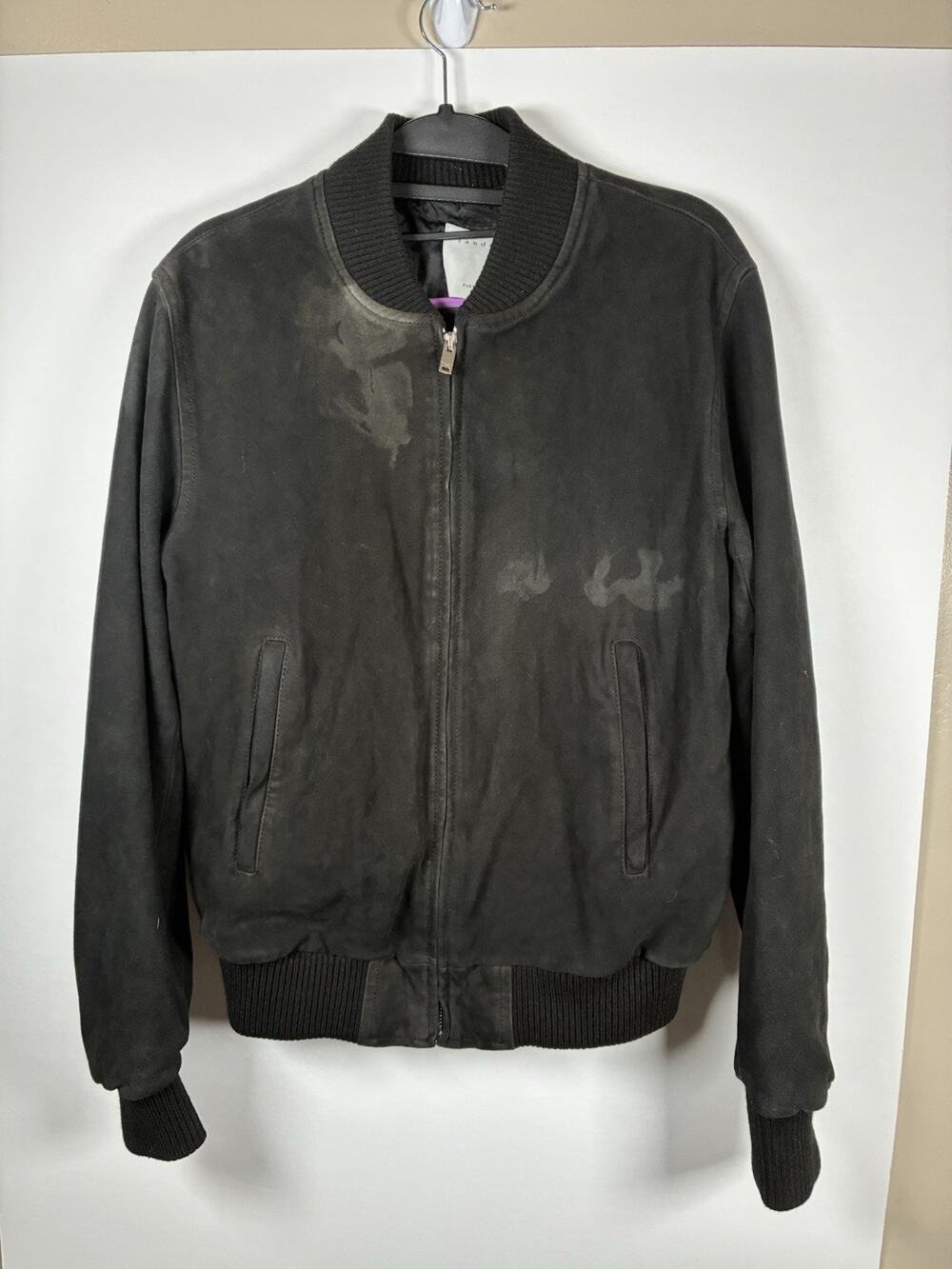 Sandro Paris Mens S Goat Suede Leather Bomber Jacket Black Quiet Luxury Flaws